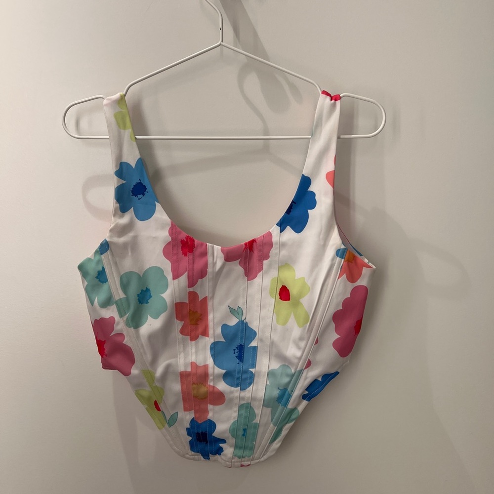 White Multi-Color Floral Corset Top